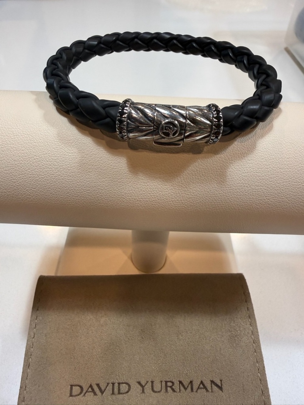 David Yurman Black Braided Leather with Silver Decorative Black Diamond Clasp